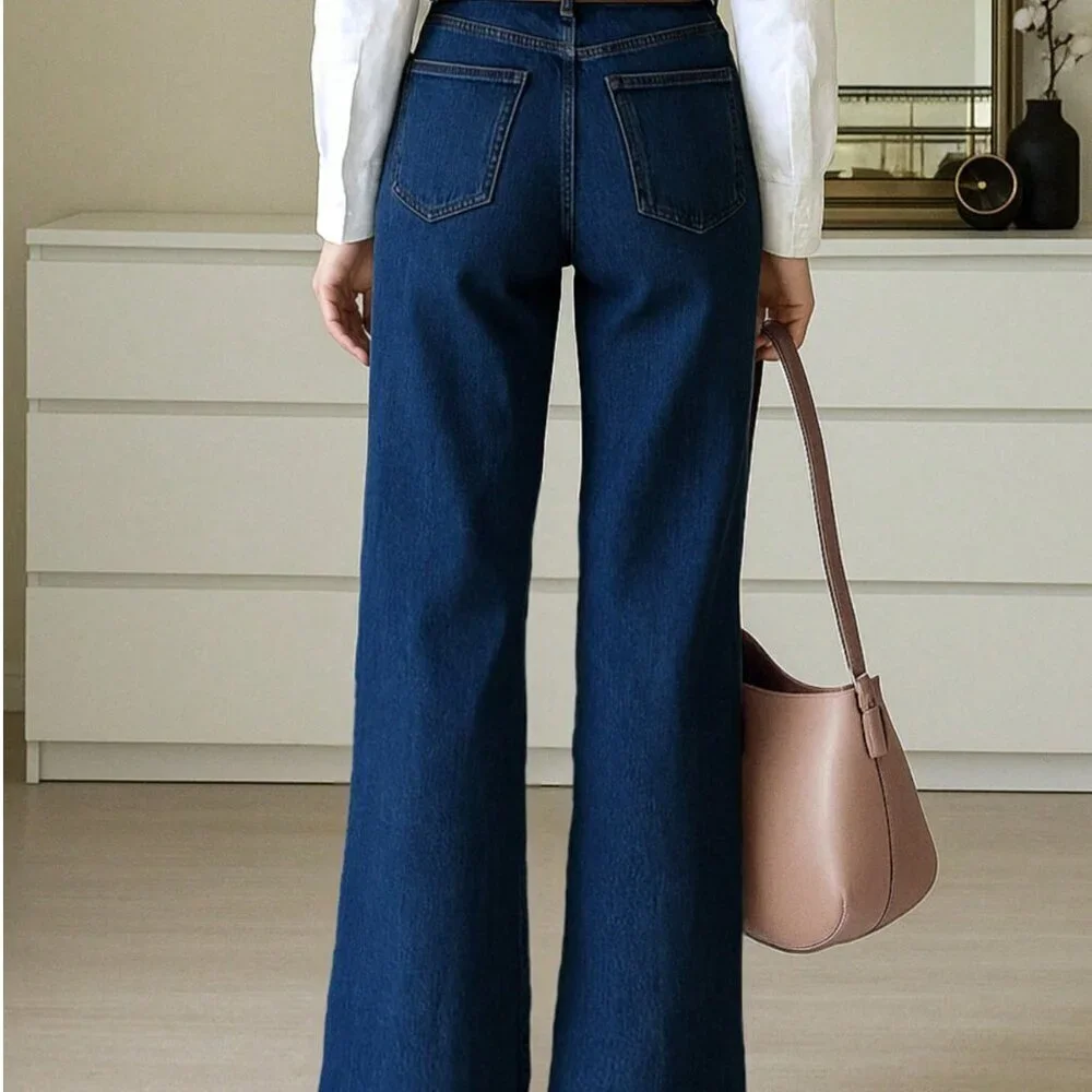 Navy Blue Elegant Women's Stretchy Straight Leg Denim Pants